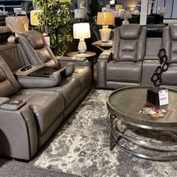 LH👉$49 Down Payment For Financing 👉Gray Genuine Leather Power Reclining Sofa And Loveseat Home Theater Movie Seating 