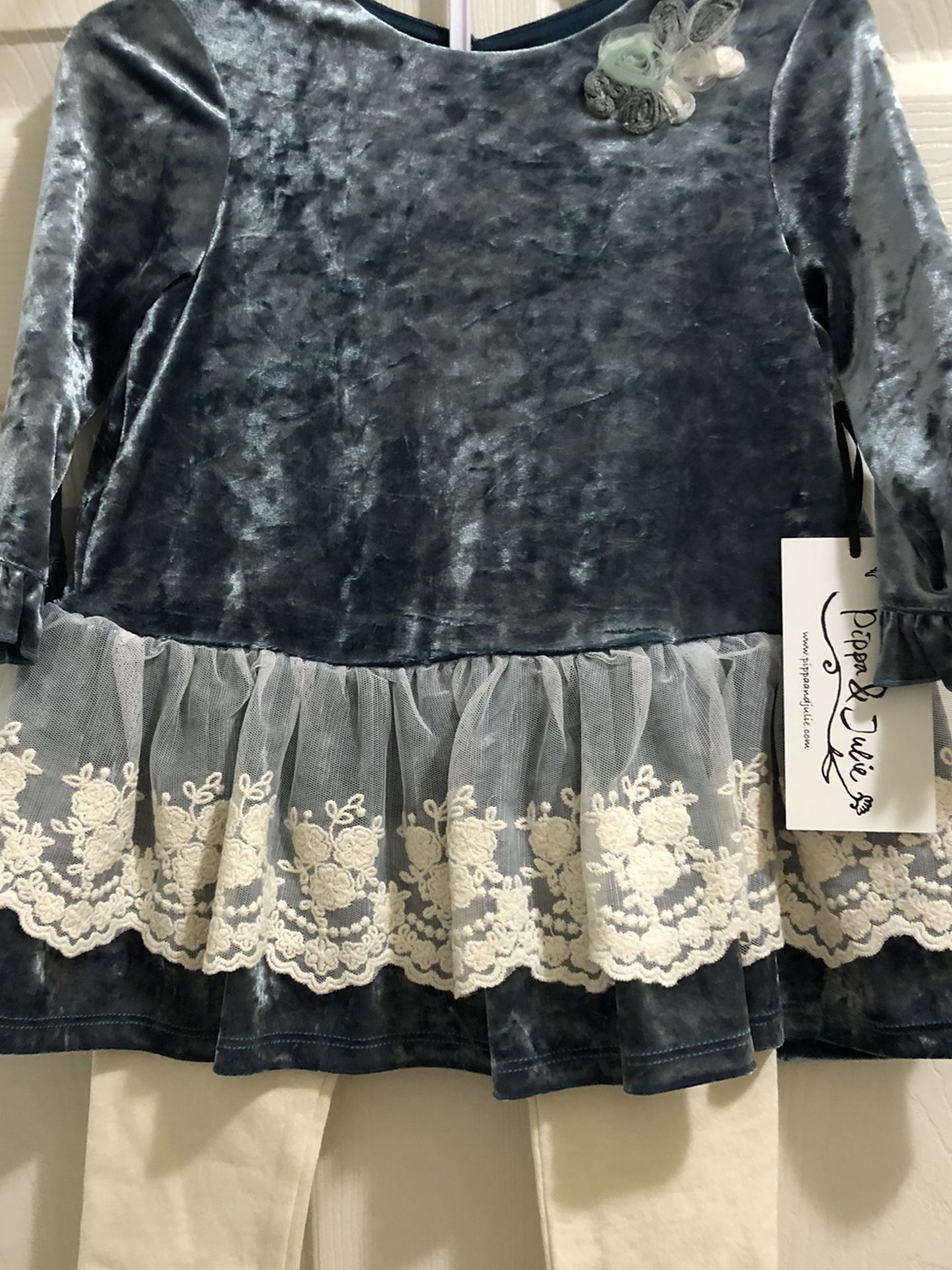 Brand New 2T Velvet Shirt And Leggings 2 piece Dress Set Lace Ruffle Toddler Girls Pippa & Julie
