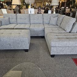 Brand New 108" x 82" Tweed Gray Linen Reversible Sectional With Cup Holders + Storage Ottoman