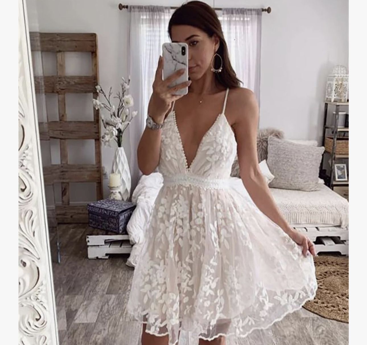 LARGE ALL WHITE Summer Deep V Neck Boho Dress Sleeveless Lace Casual Backless Spaghetti Straps Flowy Beach Sundress