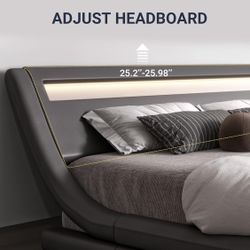 Allewie KING Size LED Platform Bed Frame with Adjustable Headboard/No Box Spring Need/Easy Assembly/Faux Leather in Grey   