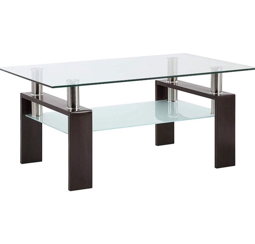 Rectangle Black Walnut Glass Coffee Table, Clear Coffee Table,Modern Side Center Tables for Living Room