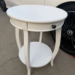 2-Tier Round End Table, Mid-Century Modern Sofa Side Table with Storage Shelf, Solid Wood Legs and Drawer 