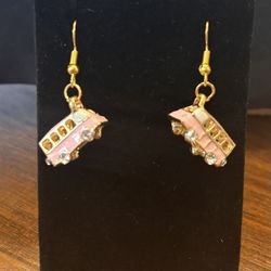 New VW Pink Bus W Rhinestone Wheels Gold Tone Earrings Hippie Vibes