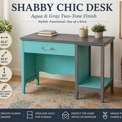 Shabby Chic Desk Aqua & Gray Painted Writing Desk w/ Drawer 35.5”