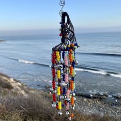 Eclectic Chakra Rainbow Pride Bohemian Wind Chime Mobile Glass Beads & Bells 