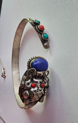 Vintage Tibetan Silver Dragon Bangle Coral Lapis & Turquoise
