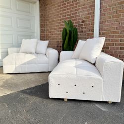 White Bouclé Oversized Loveseats | Tufted | Cloud | Wood Feet and Gold Accents | both for $350