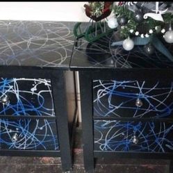 End Table, Black And Blue, Custom Painted, Swirl