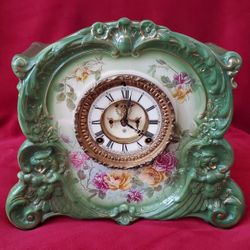 VINTAGE ANSONIA PORCELAIN MANTEL CLOCK-ROYAL BONN GERMANY-HAND PAINTED