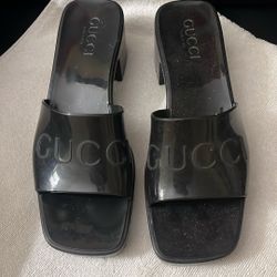 Gucci Women's Embossed Logo Mules Block Heel Open Toe Sandals Shoes Black 6 