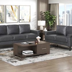 Brand New Dark Gray Synthetic Leather Sofa + Loveseat 2PCs Set