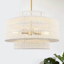 New 18in Boho Rattan Chandelier 4-Light 3-Tier Hand Woven Dimmable Adjustable Pendant Gold