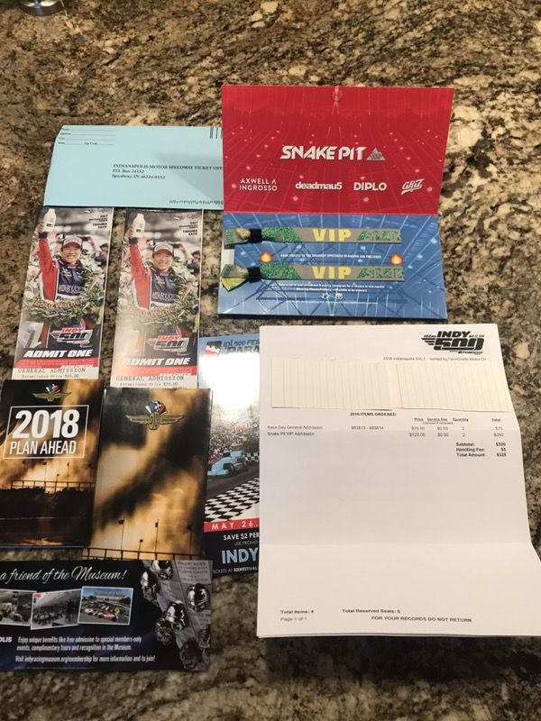 2 Indianapolis 500 GA Tickets & 2 VIP SnakePit Wristbands