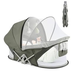 Portable Baby Bassinet Travel Baby Bed, Baby Cribs Travel Pod for Outdoors Baby Lounger Infant Travel Bed with Mosquito Net and Sunshade Canopy, Light