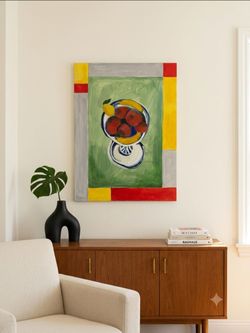 Large Modernist Still Life Canvas Art – Fruit Bowl with Color Block Frame