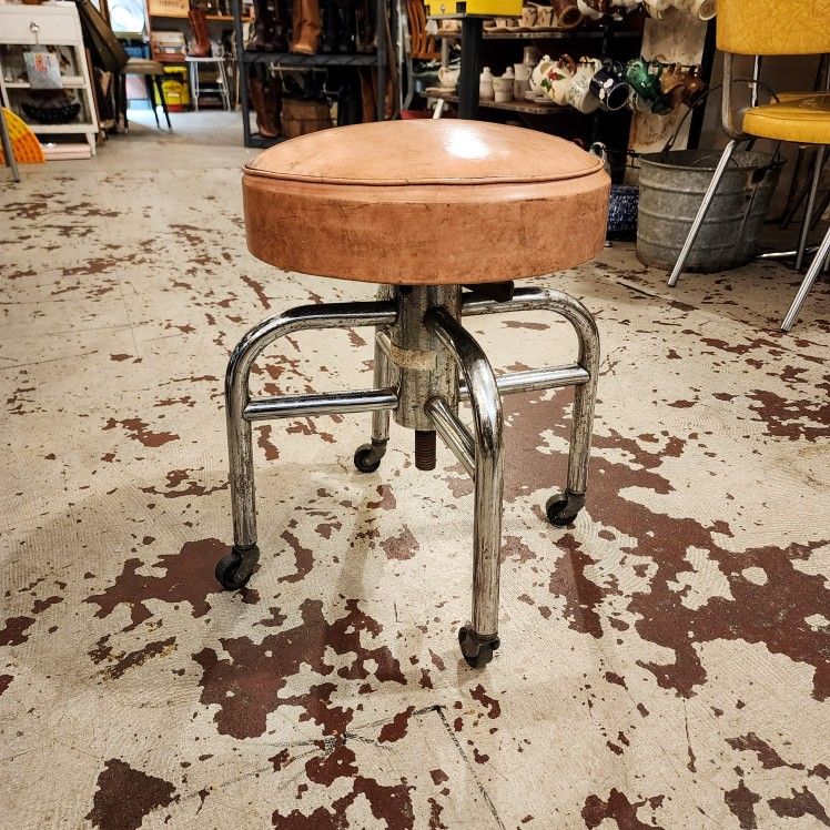 Pink and Chrome Vintage Vinyl Rolling and Adjustable Stool