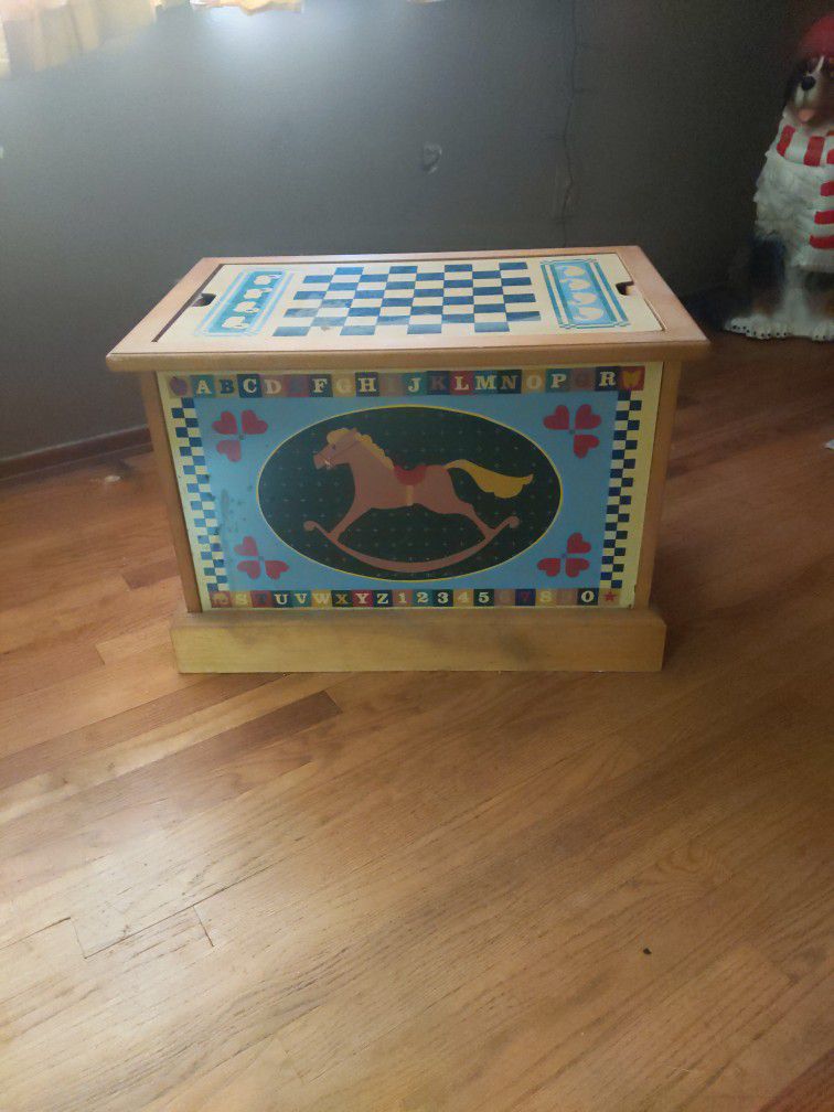 Vintage Toy Chest Trunk W/ Chalkboard & Game Board