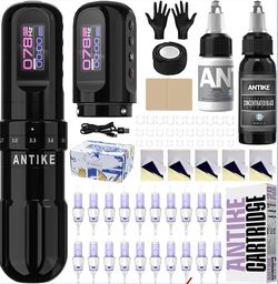 ANTIKE Cordless Tattoo Gun Kit with 7 Adjustables Strokes and 2pcs 1600 mAh Tattoo Batteries