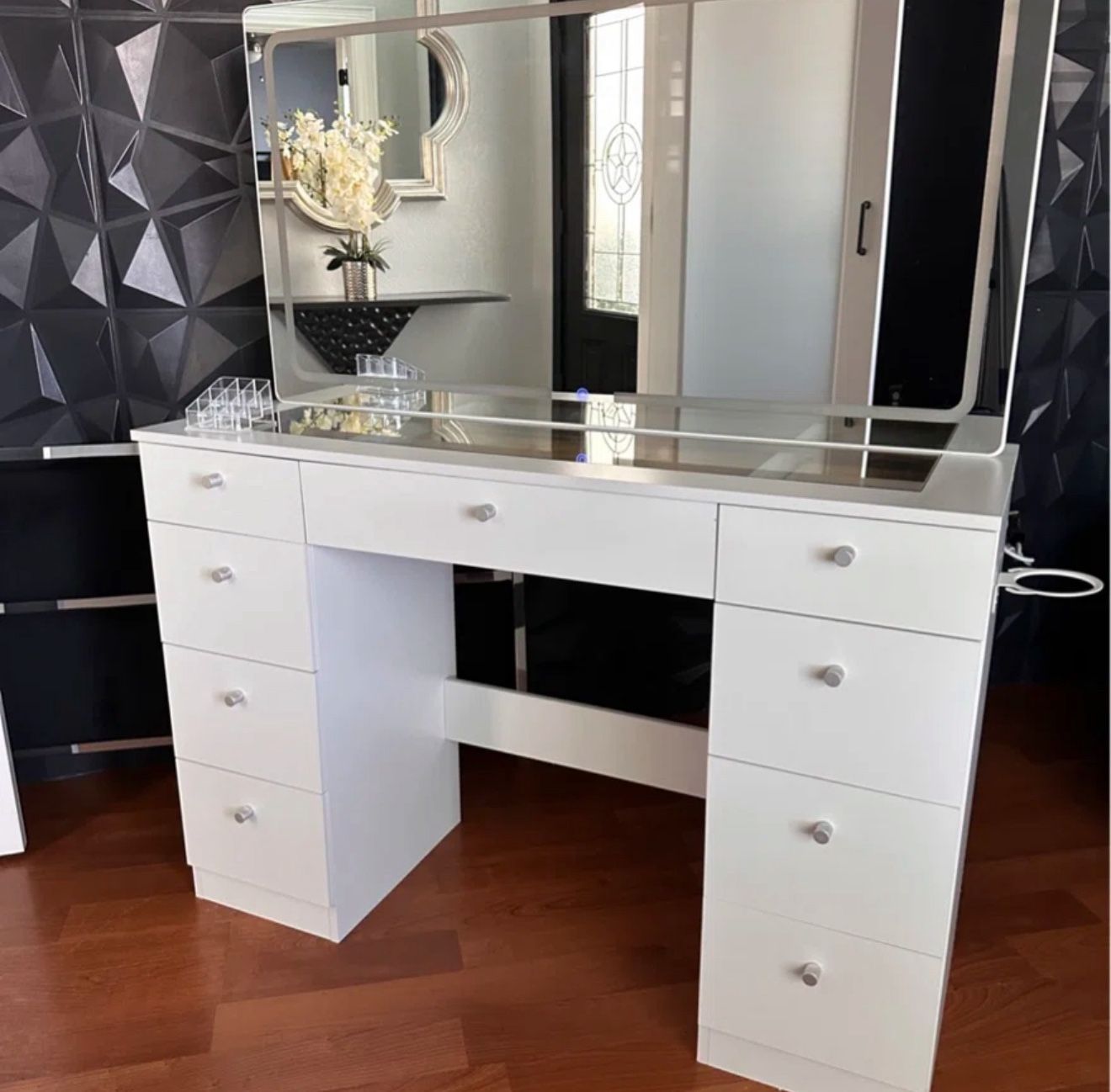 Modern Vanity Table with LED Mirror and Multiple Drawers with Outlets and UsbA.