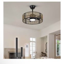 TALOYA 20 Inch Caged Ceiling Fans with Lights Chandelier Remote Control Flush Mount Low Profile for Bedroom Living Room Patio,Reversible,Buzzer Mute,D