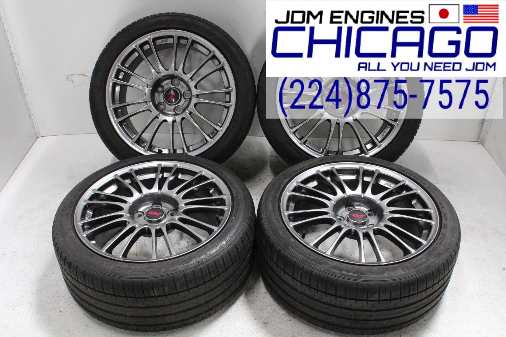 JDM STI 5X114.3 Bolt Pattern 18X8.5J Rims + Azenis Falken 245/40 R18 97Y Set Of 4 Tires