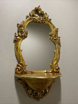 Vintage 1970 Syroco Dart Homco Hollywood Regency Gold Wall Mirror Shelf 20x10”