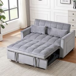 3 in 1 Convertible Sleeper Sofa Bed, Modern Pull Out Couch Bed, Adjustable Backrest, Velvet Loveseat Futon Sofa with Pillows & Pockets for Living Room