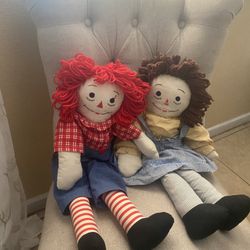 Vintage 24” Knickerbocker Raggedy Ann & Andy Dolls – Matching Pair, “I Love You” Hearts, 1970s-80s, Mint Condition 
