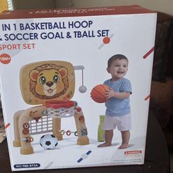 Toddler in-1 Basketball Hoop & Soccer Goal & Tball Set. 