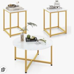 Assembled New Round Nesting Table Set of 3 Modern Faux Marble Coffee Table w/2 End Tables