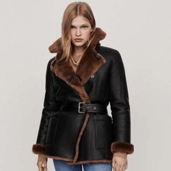 Belted Shearling Double Breasted Leather Coat With Fur, Size L 