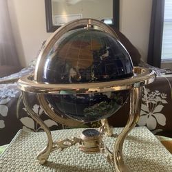 14 Inch Swivel Globe Semi Precious Stones Gold Tone Stand W/ Compass 