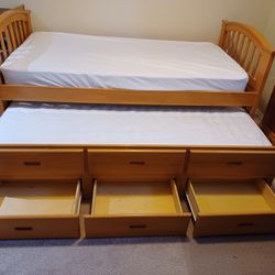 Solid Wood Twin Trundle Bed with Drawers