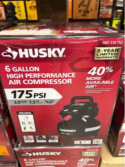 NEW IN BOX Husky 6 Gal. 175 PSI Electric Oil-Free High Performance Jobsite Pancake Air Compressor with Dual Gauges and 2-Quick Couplers