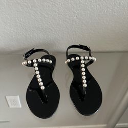 Stuart Weitzman Goldie Embellished Jelly Sandals black semi shine rubber w pearls size 7-used in great condition. 