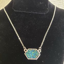 Silver Necklace With Blue green Pendant..19 Inches Long 