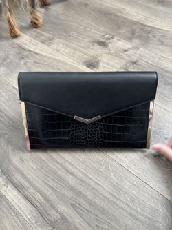 Black Crocodile Texture Clutch Bag w Rose Gold Accents