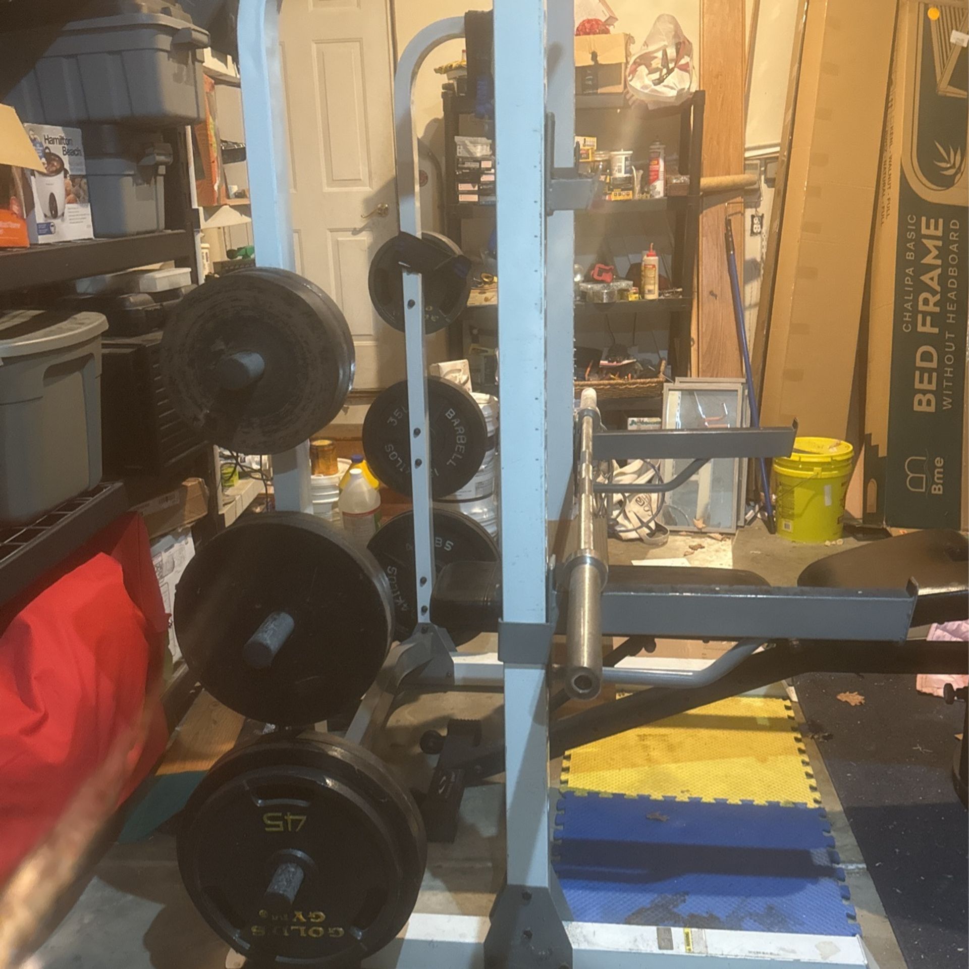 Squat Rack, Weights, Bar, and Bench