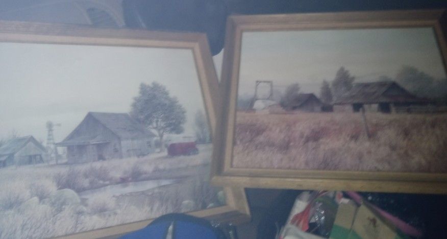  2 Vintage Gene Speck Art Prints Country Landscape Wagon Barn Lithographs.  In wood and glass frames. These are Very nice.

