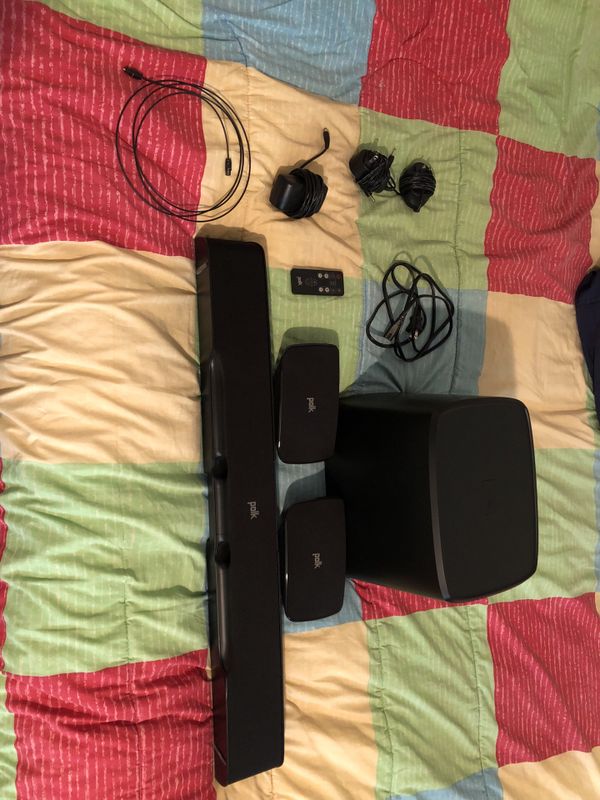 Polk DSB1 SoundBar, Polk DSB2 Wireless Subwoofer, and two Polk DSB3