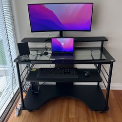 Sleek & Modern Black Glass, Multi-Tiered Work Desk