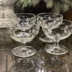 MCM 4 Vintage Etched Cross Hatch And Dots Glass Dessert Stemware 