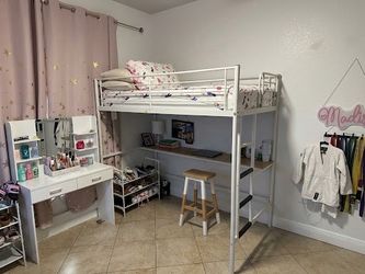 White Metal Loft Bed with Desk