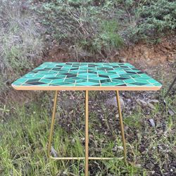 Modern Accent Side Table – Teal Geometric Top + Gold Metal Legs