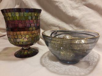 Set Of 3 Really Unique Decorative Bowls And Colorful Stain Glass Pedestal Vase - See Description And Photos