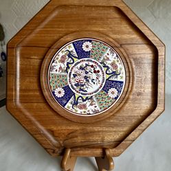 Vintage Octagonal Teakwood Cheese Board With Imari Style Ceramic Tile
