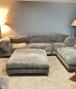 Gray Corduroy Sectional Sofa with Ottoman