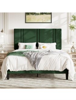 Queen Bed Frame with Adjustable Velvet Headboard – Green