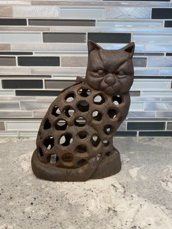 Vintage Cast Iron Cat Hanging or Standing Lantern Candle Holder Brown 8”